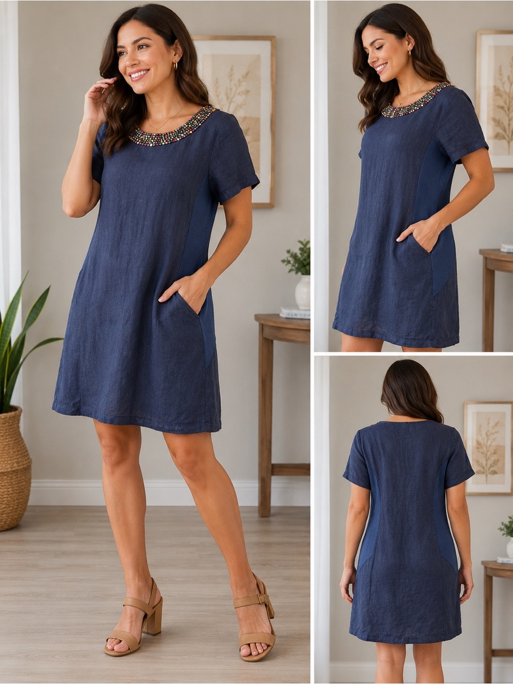 Lina Tomei Navy Linen Beaded Neck Shift Dress Women’s Size S